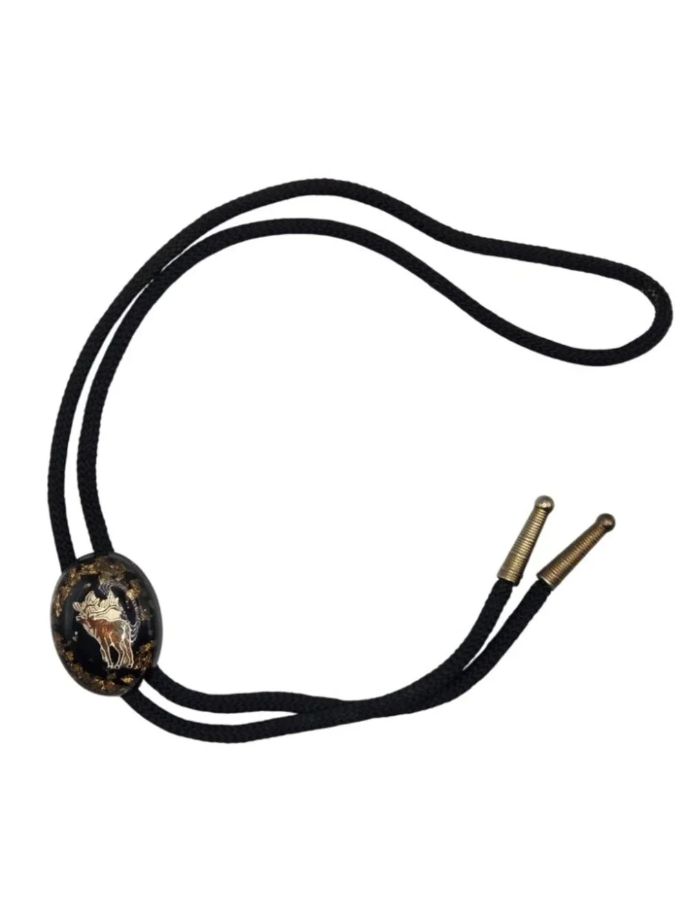Vintage Elk Bolo Tie Cowboy Western Wear Black Gold Flakes Necktie Necklace
